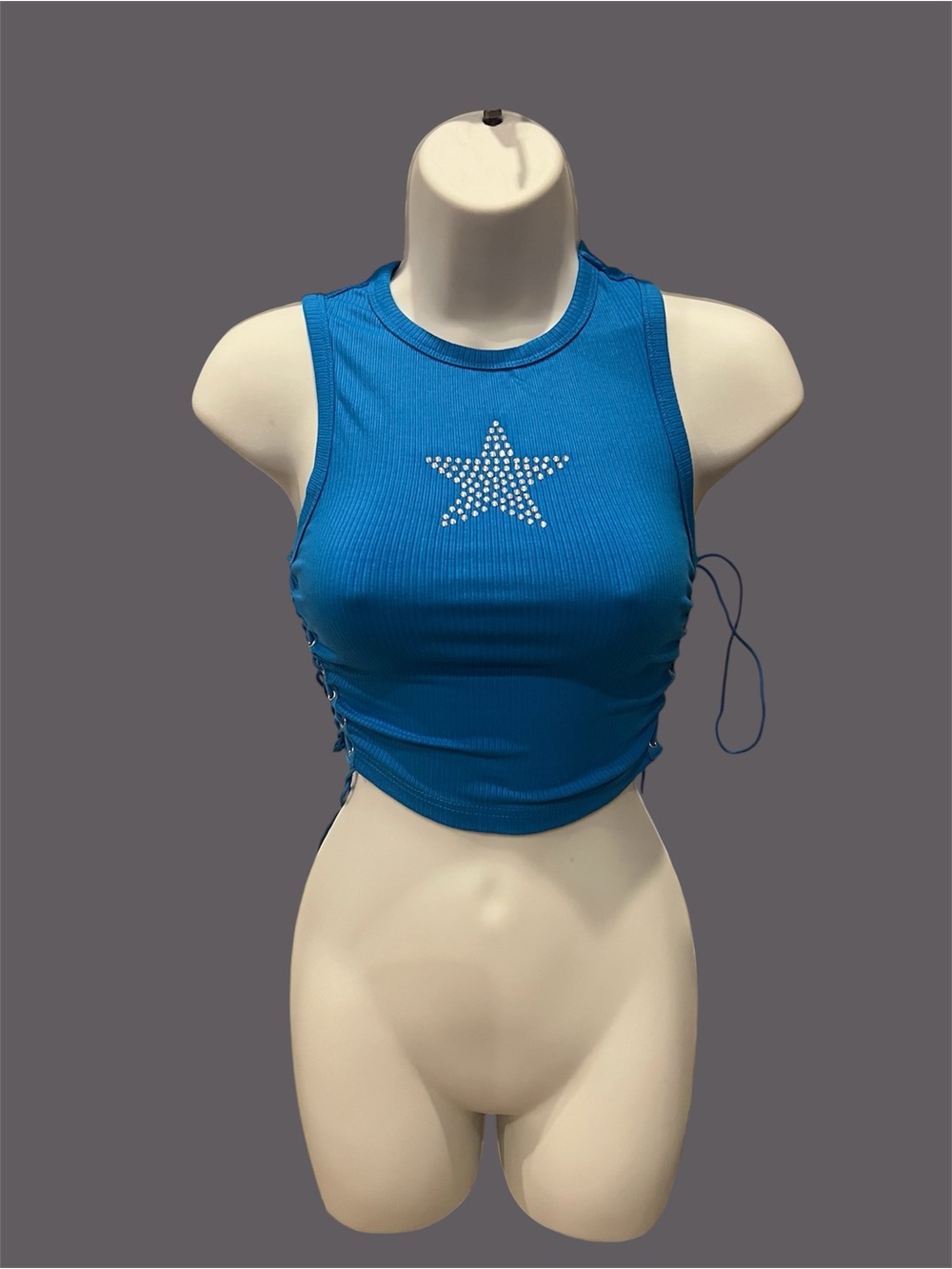 SOLY HUX Y2K Rhinestone Star Ribbed Crop Tank Top Blue XS